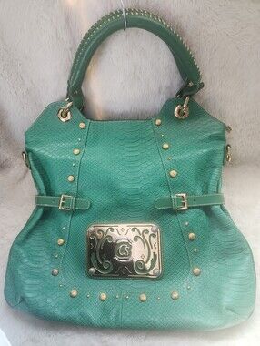 Carmen Steffens Green Python Embossed Studded Y2K Hobo Tote Shoulder Bag Purse